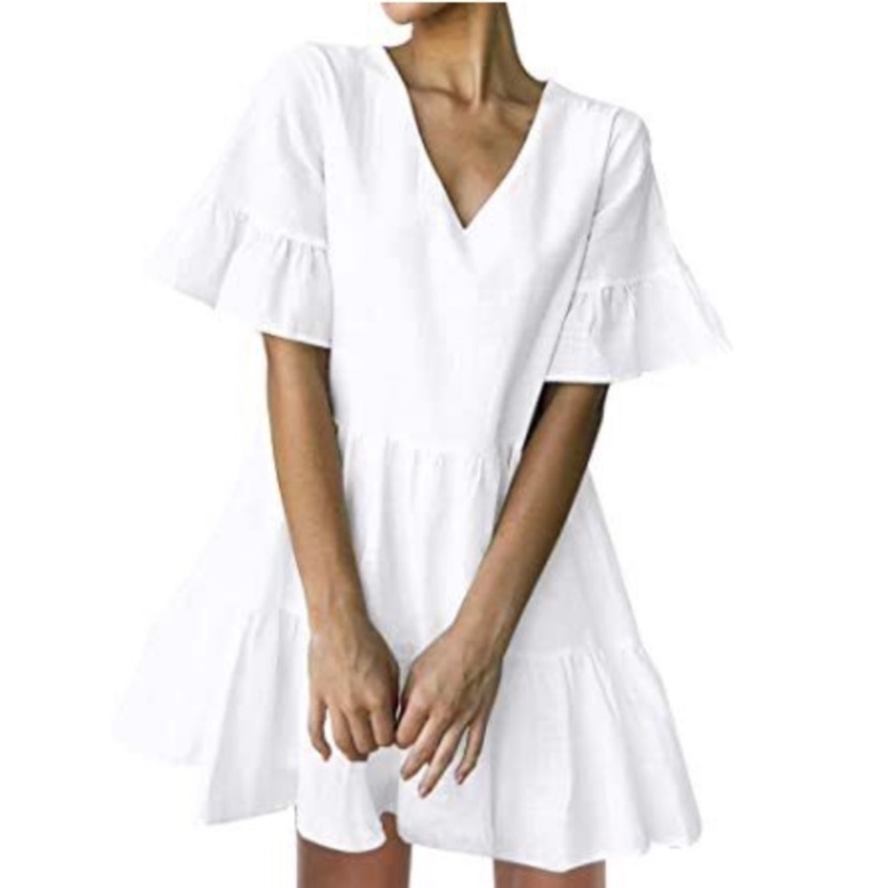 Sun Dress Cotton S/S Tiered Babydoll V neck White Size LARGE - Picture 4 of 10